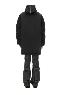 Alpha Industries unisex long bomber jacket black with a hooded black puffer coat and front zipper design