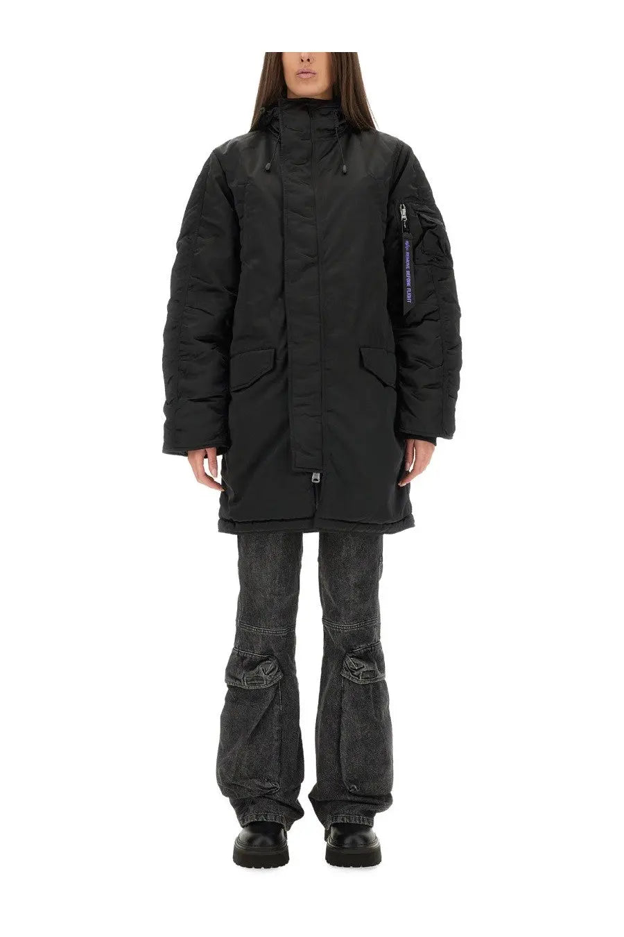 Alpha industries unisex long bomber jacket black puffer parka with high collar front zipper and large patch pockets