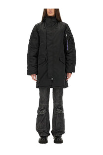 Alpha industries unisex long bomber jacket black puffer parka with high collar front zipper and large patch pockets