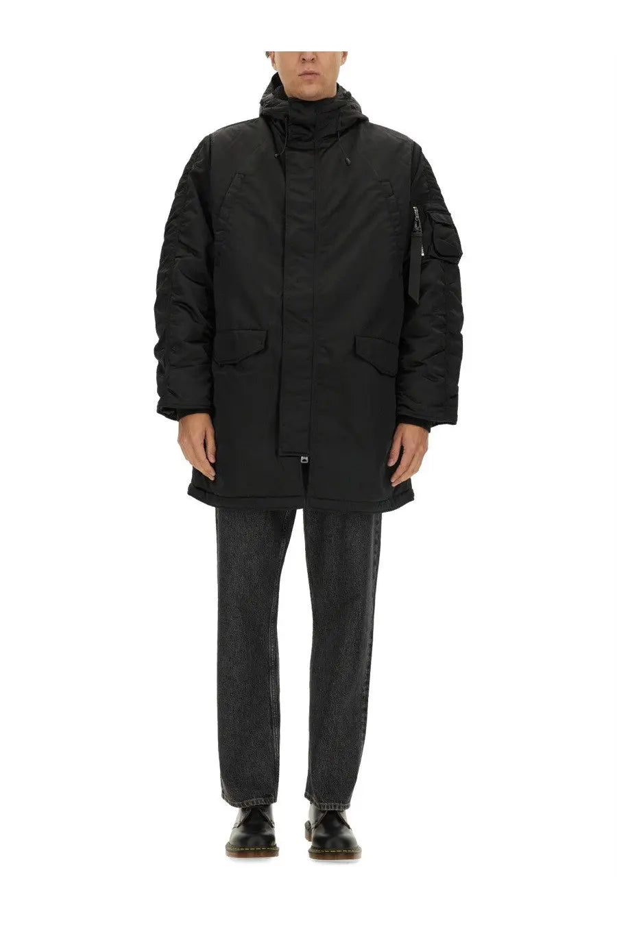 Alpha Industries unisex long bomber jacket in black with puffer style hood, front zipper, and patch pockets