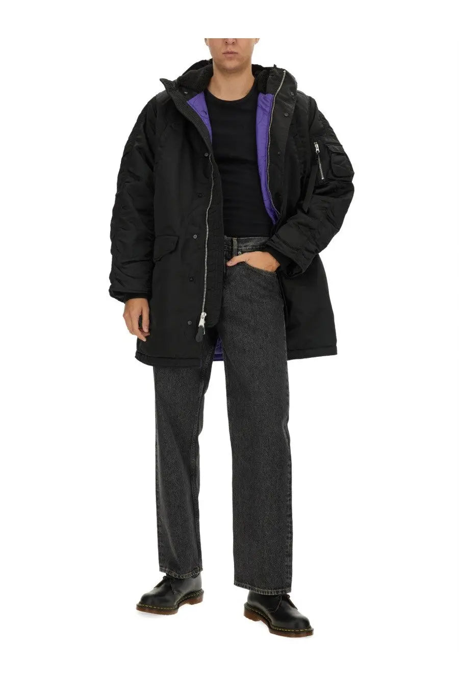 Alpha Industries unisex long bomber jacket black puffer parka with purple inner lining and silver zipper details