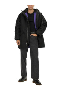 Alpha Industries unisex long bomber jacket black puffer parka with purple inner lining and silver zipper details