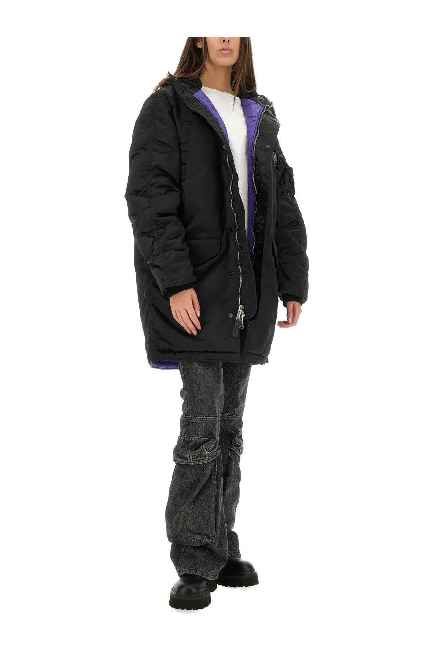Alpha Industries unisex long bomber jacket black with vibrant purple inner lining and multiple pockets in puffer style