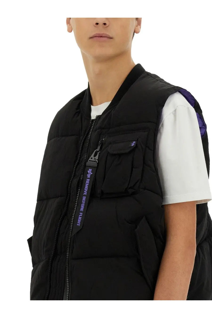 Alpha Industries unisex sleeveless MA black puffer vest with purple accents and zipper pull featuring logo