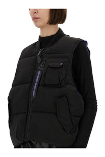 Alpha Industries unisex sleeveless ma black puffer vest with quilted design front zipper and chest pocket with purple logo