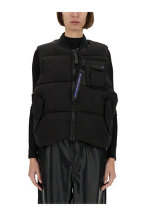Alpha Industries unisex sleeveless black puffer vest with quilted panels and multiple pockets with purple zipper text
