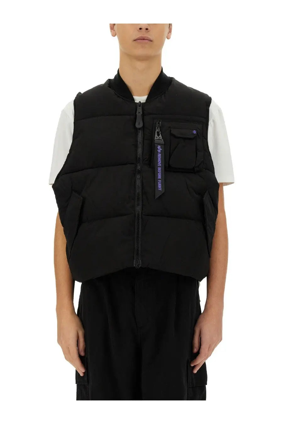 Alpha Industries unisex sleeveless MA black puffer vest with quilted panels front zipper and chest pocket with purple tag