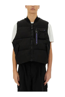 Alpha Industries unisex sleeveless MA black puffer vest with quilted panels front zipper and chest pocket with purple tag