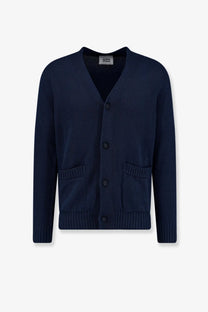 Alpha-studio men’s navy blue cotton knit cardigan with ribbed cuffs hem button closure and two patch pockets