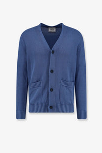 Alpha-Studio men’s navy blue cotton cardigan with v-neck black buttons ribbed cuffs and hem