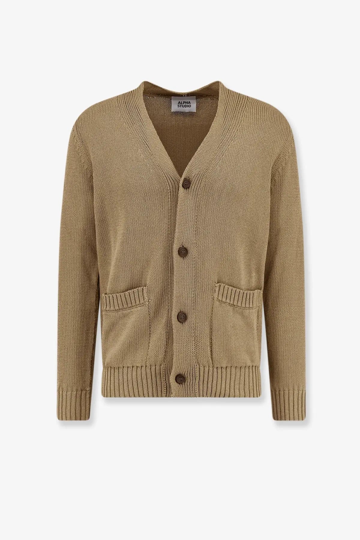 Tan knitted cotton cardigan by Alpha-Studio featuring v-neck, front button closure, and two patch pockets