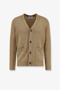 Tan knitted cotton cardigan by Alpha-Studio featuring v-neck, front button closure, and two patch pockets