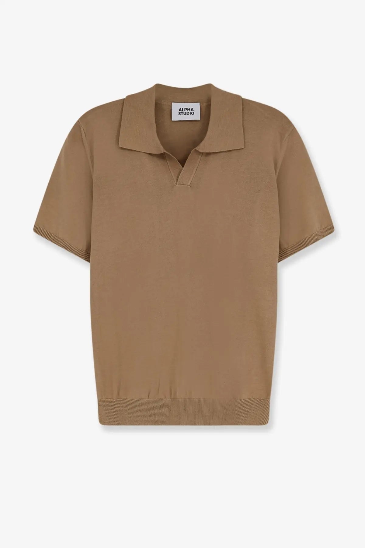 Alpha-Studio men’s cotton polo shirt in tan with ribbed collar and cuffs featuring the brand label at neckline