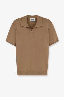 Alpha-Studio men’s cotton polo shirt in tan with ribbed collar and cuffs featuring the brand label at neckline