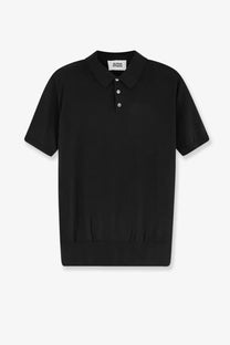 Alpha-Studio men’s black short-sleeved polo shirt made from cotton and silk blend with classic collar and ribbed cuffs