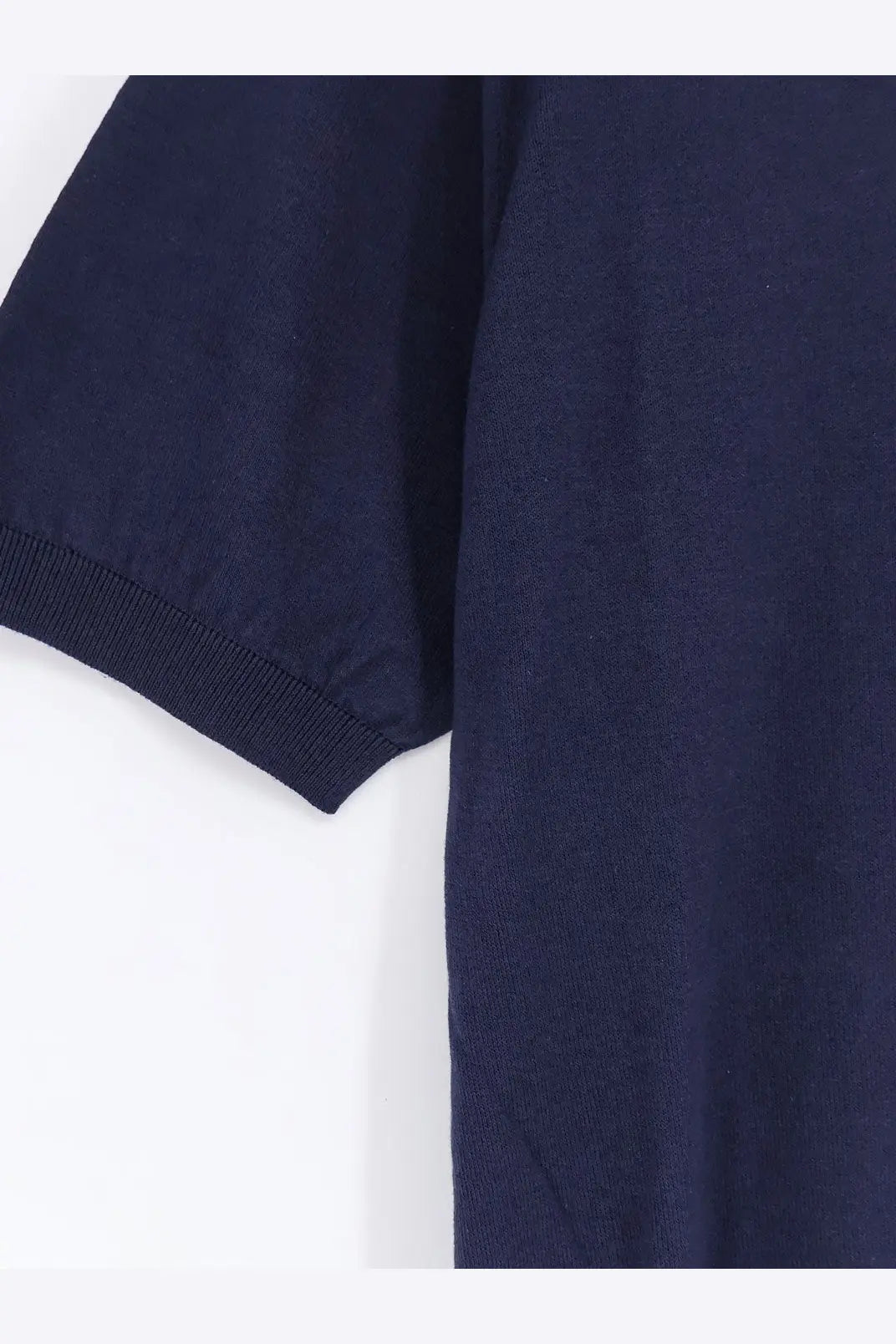 Navy blue short-sleeved knit polo shirt with ribbed cuffs made of cotton and silk blend by alpha-studio men
