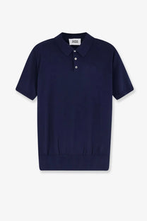 Alpha-Studio men’s navy blue short-sleeved polo shirt with classic collar three-button placket cotton and silk blend