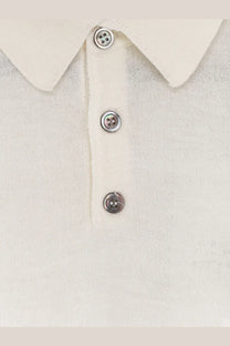 Alpha-studio men’s cream-colored cotton and silk blend knit polo shirt with silver-toned four-hole buttons