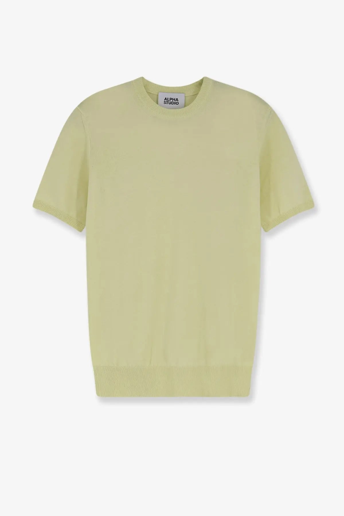 Alpha-studio men’s pale yellow cotton knit tee with short sleeves ribbed cuffs and hem simple crew neckline