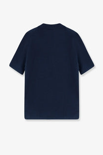 Alpha-Studio men’s navy blue short-sleeved linen and cotton blend polo shirt with simple crew neck design