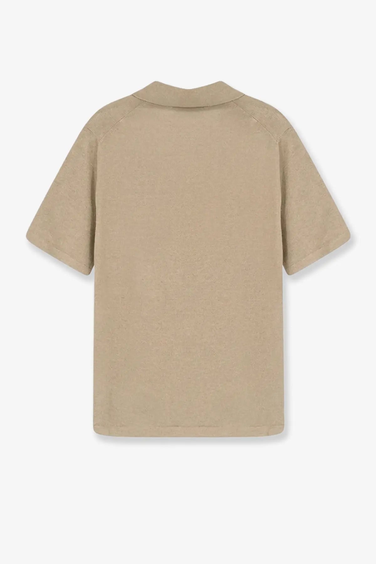 Beige short-sleeved polo shirt with classic collar and subtle seam detailing made of linen and cotton blend by Alpha-Studio