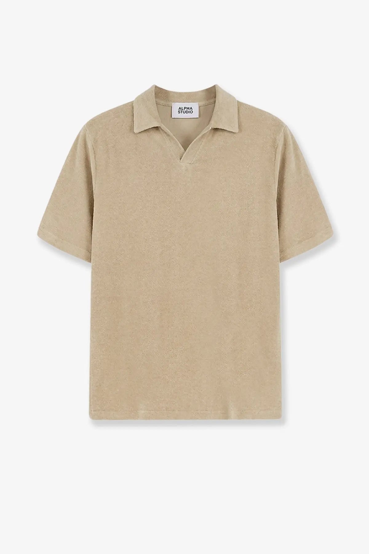 Beige short-sleeved alpha-studio men’s polo shirt with classic collar and linen cotton blend textured fabric