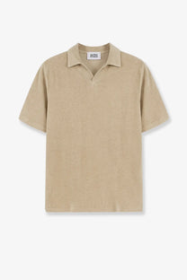 Beige short-sleeved alpha-studio men’s polo shirt with classic collar and linen cotton blend textured fabric