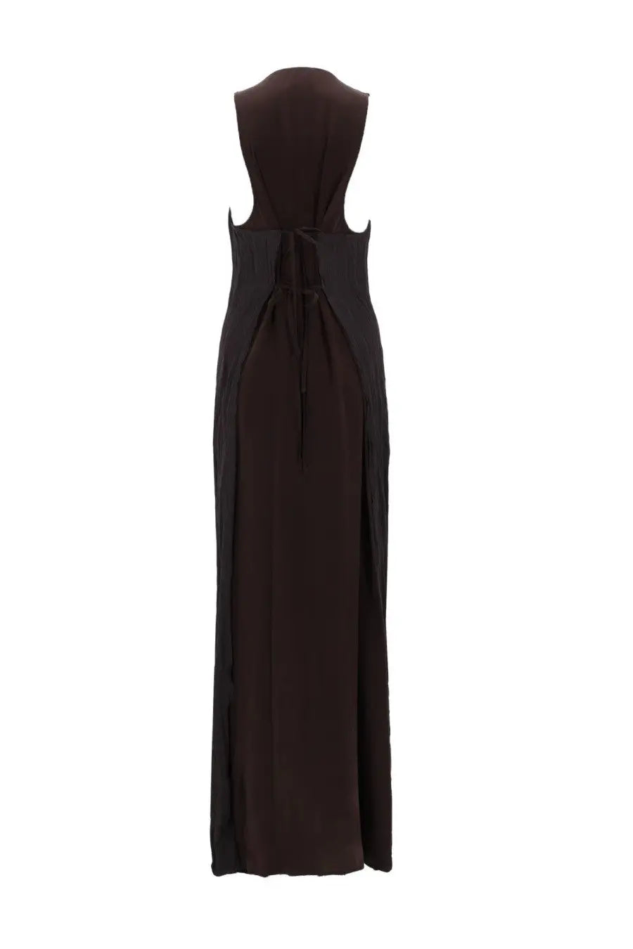 Alysi women’s black sleeveless maxi dress with high neckline and back tie detail shown from the back side