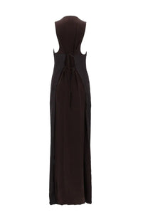 Alysi women’s black sleeveless maxi dress with high neckline and back tie detail shown from the back side