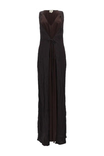 Alysi women’s abito lungo combinato brown sleek sleeveless black satin maxi dress with deep v-neckline and tied waist detail