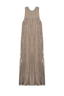Alysi women’s taupe sleeveless maxi dress with textured bodice and long flowing fringe detailing