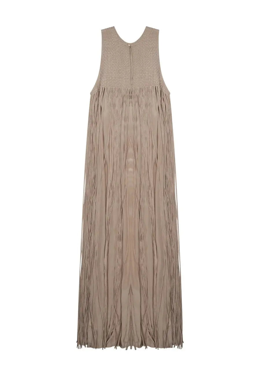 Alysi women’s taupe sleeveless maxi dress with textured bodice and long flowing fringe detailing