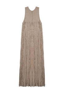 Alysi women’s taupe sleeveless maxi dress with textured bodice and long flowing fringe detailing