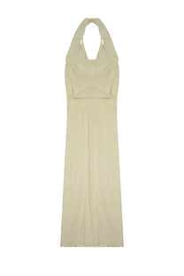 Alysi women’s abito lungo con scollo yellow flowing off-white halter neck maxi dress with lightweight fabric and gathered bodice