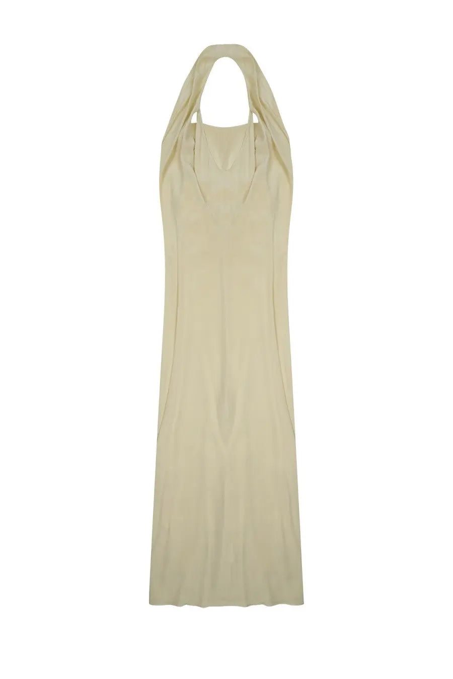 Alysi women’s off-white halter-neck maxi dress with smooth satin fabric and subtle vertical pleats in front