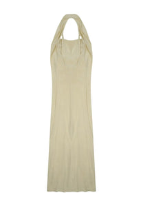 Alysi women’s off-white halter-neck maxi dress with smooth satin fabric and subtle vertical pleats in front
