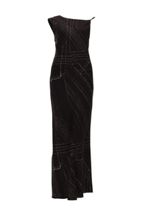 Alysi women’s abito lungo in seta brown black satin gown with delicate white geometric embroidery front view