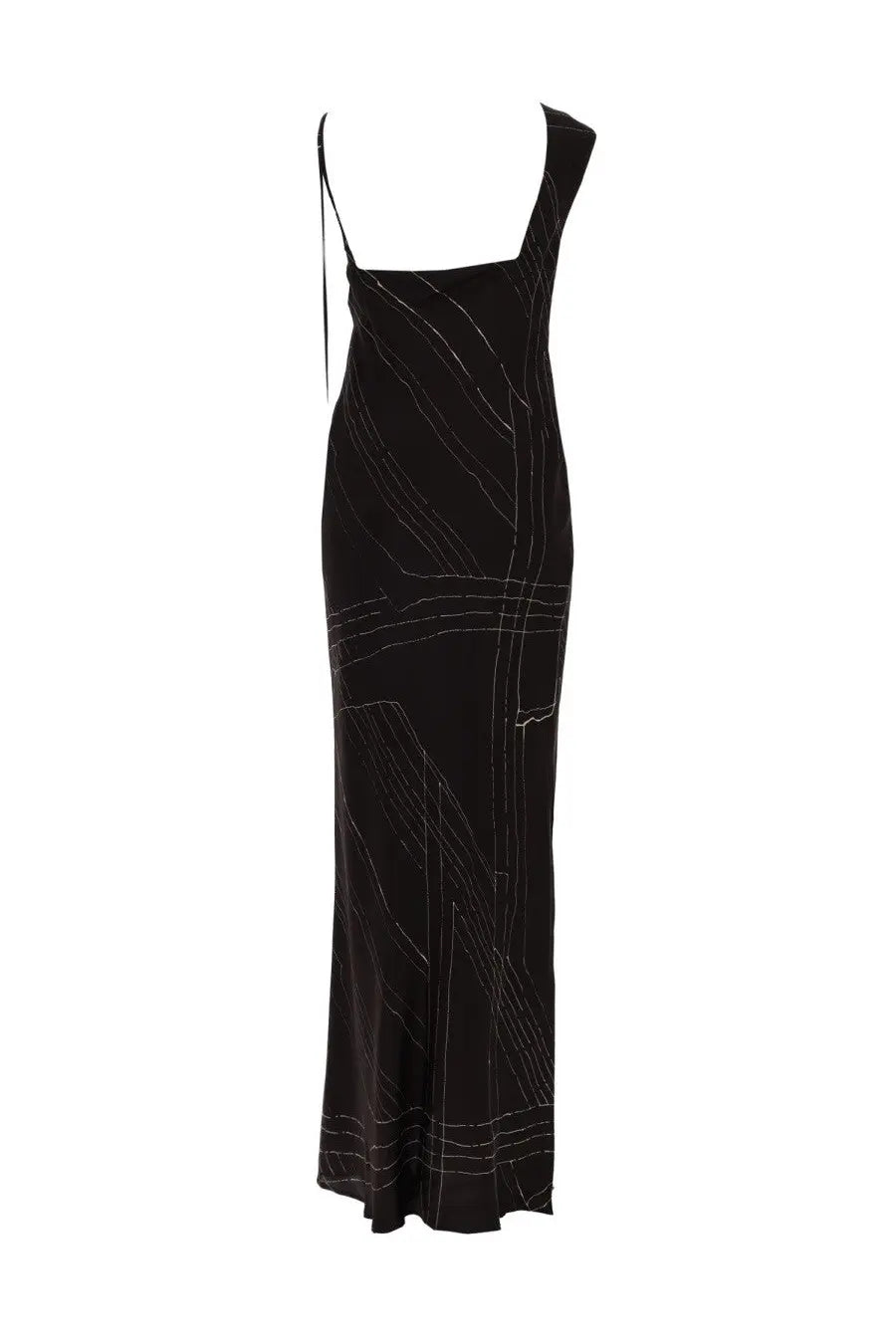 Alysi women’s abito lungo brown black satin slip dress with white geometric embroidery and silk fabric