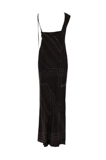 Alysi women’s abito lungo brown black satin slip dress with white geometric embroidery and silk fabric