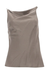 Alysi women’s asymmetrical taupe satin sleeveless top with draped cowl neckline in beige