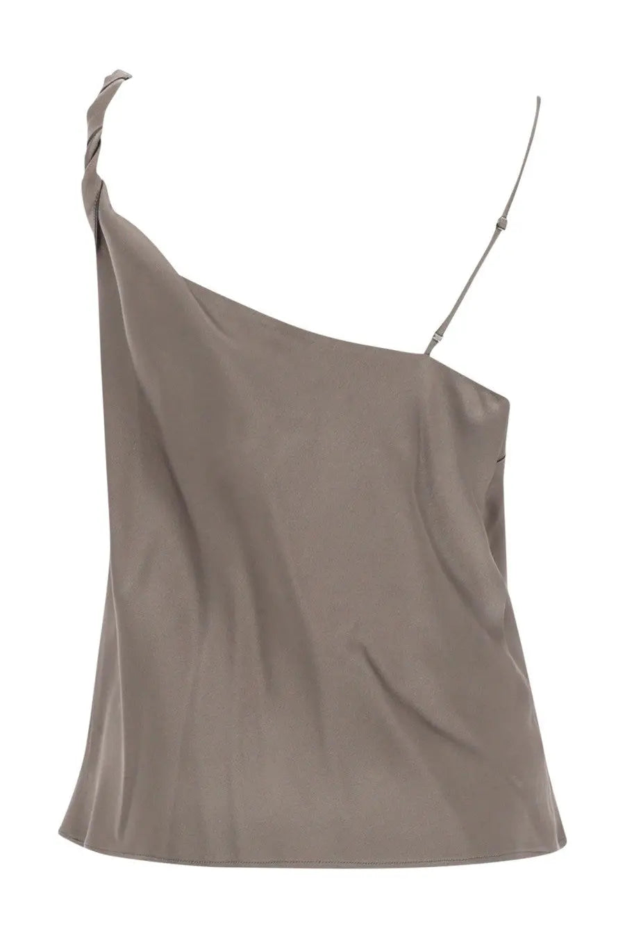 Alyasi womens asymmetrical taupe satin camisole with one twisted shoulder strap and one thin strap beige top