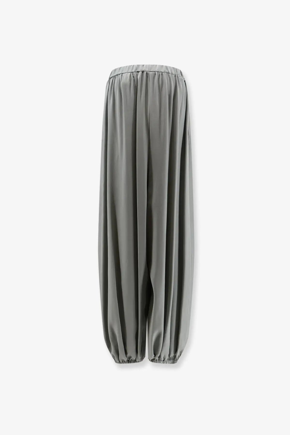 Alysi women’s balloon silk trousers in grey satin with a relaxed silhouette and elastic waistband