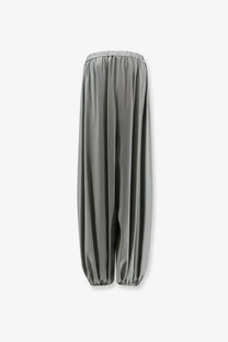 Alysi women’s balloon silk trousers in grey satin with a relaxed silhouette and elastic waistband