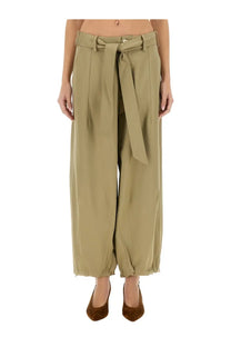 Alyis women’s khaki wide-leg belted pants with self-tie belt and frayed hem in beige color