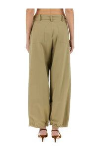 Back view of alysi women’s beige wide-leg belted pants with two rear pockets in khaki fabric
