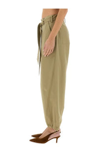 Alysi women’s olive green high-waisted belted trousers with side pockets in a comfortable beige fabric