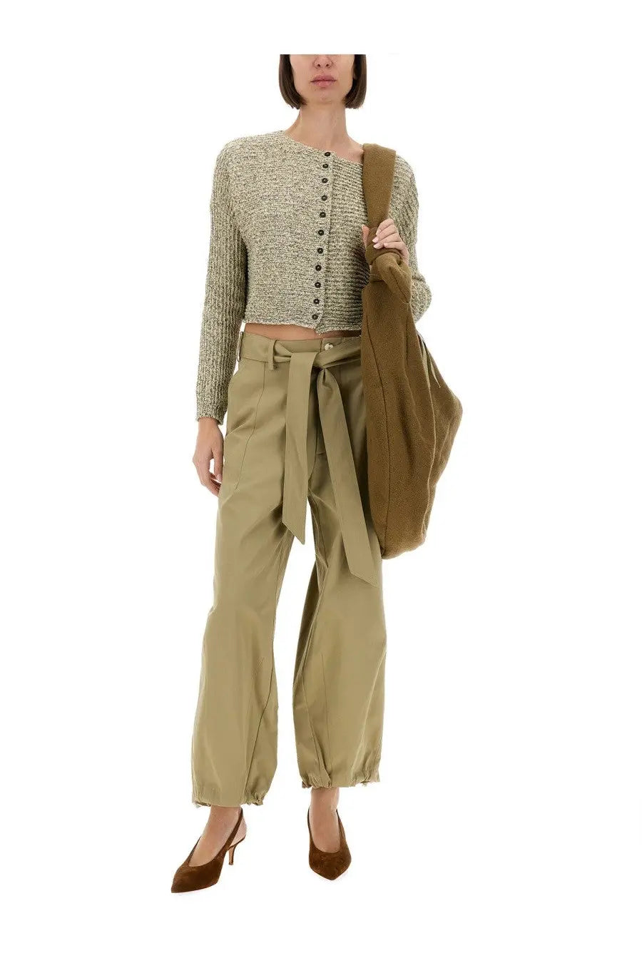 A textured olive green knit cropped cardigan with button front paired with alysis women’s beige belted pants