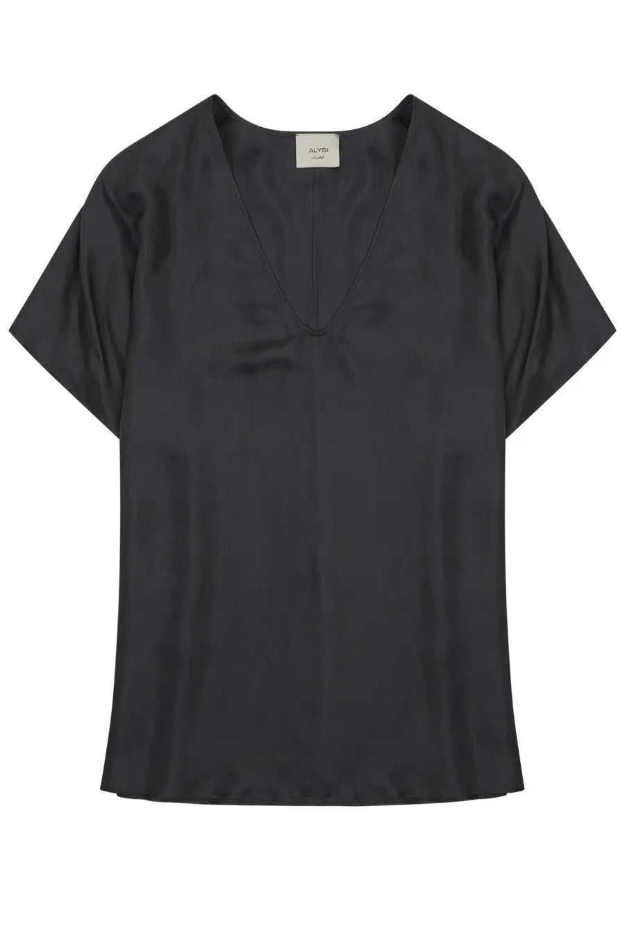 Black satin short-sleeved blouse with v-neckline from Alysi women in twill di seta grey fabric