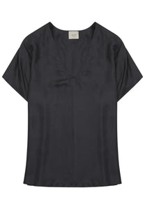 Black satin short-sleeved blouse with v-neckline from Alysi women in twill di seta grey fabric