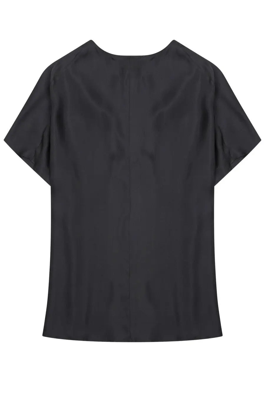Alysi women’s blusa black short-sleeved top with smooth shiny twill di seta fabric and rounded neckline